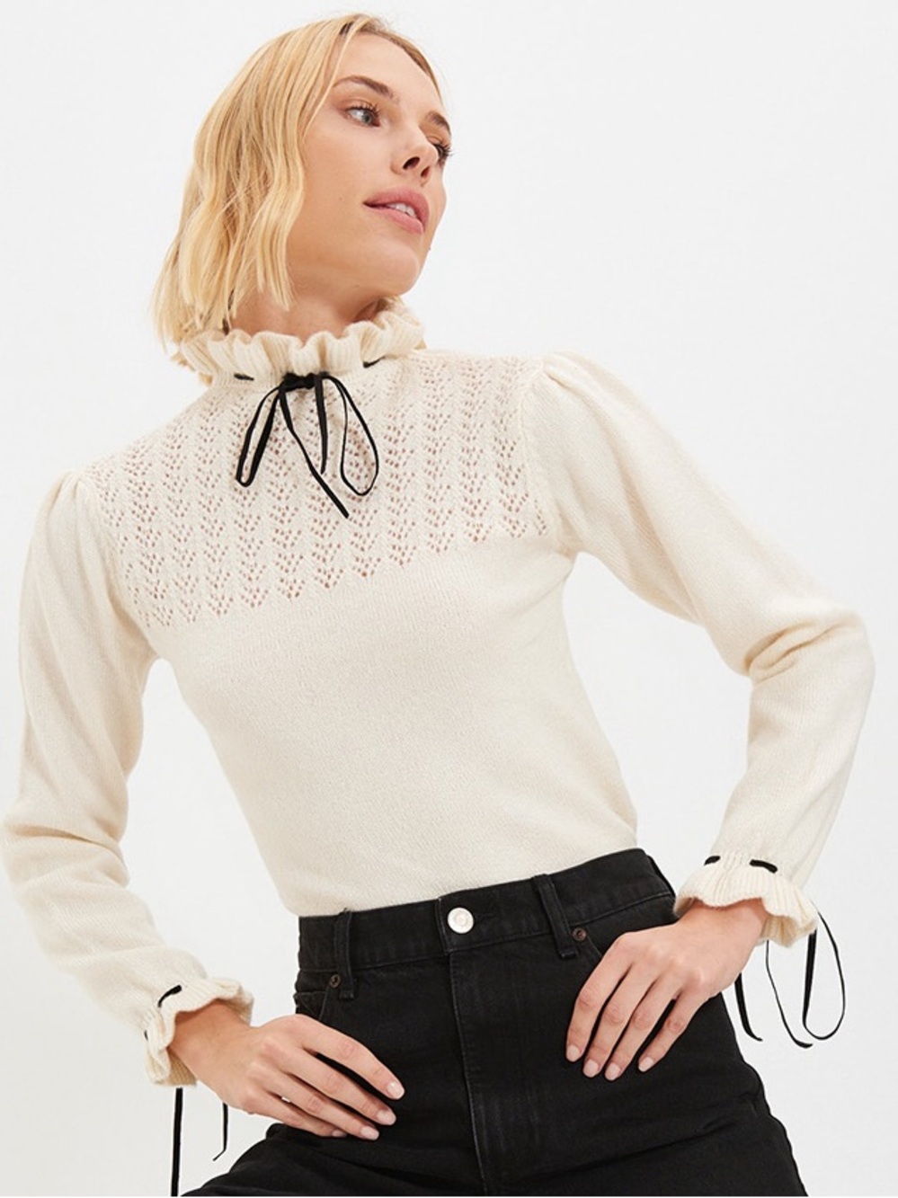 Zara Cream Ruffle-Neck Sweater with Black Ribbon Detail - Picture 4 of 6